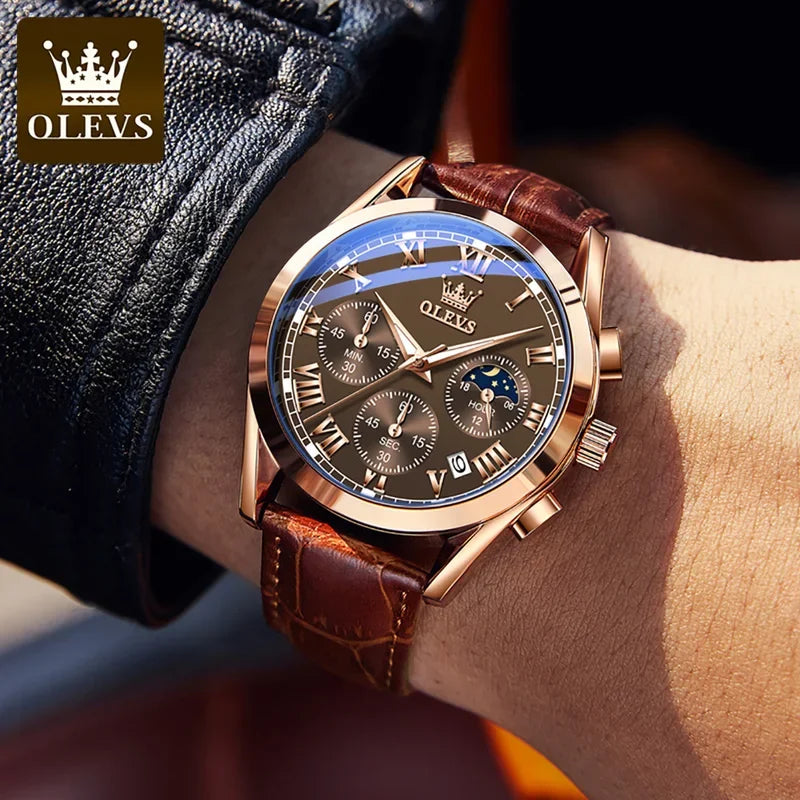 Luxury watch with brown leather strap and rose gold case on a wrist, brand 'OLEVS' visible.