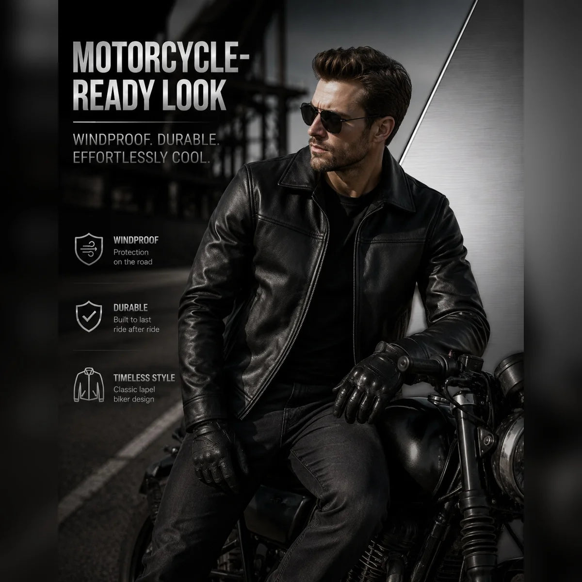 Man in black leather jacket and sunglasses sitting on a motorcycle with promotional text about motorcycle-ready look.