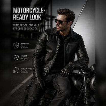 Man in black leather jacket and sunglasses sitting on a motorcycle with promotional text about motorcycle-ready look.