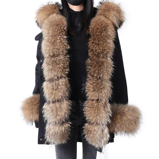 Women's Real Fox Fur Collar Parka Removable Lining