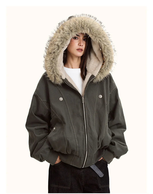 Fur Collar Hooded Parka Y2K Gothic Winter Coat