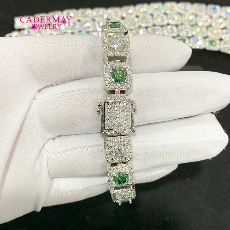 HipHop Jewelry 925silver 10mm Square Clustered Iced Out Green Mixed White Moissanite Bracelet Rock Candy Moissanite Tennis Chain