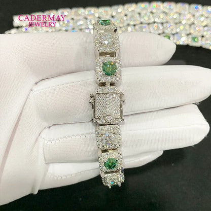 HipHop Jewelry 925silver 10mm Square Clustered Iced Out Green Mixed White Moissanite Bracelet Rock Candy Moissanite Tennis Chain