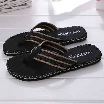 Black sandals with brown straps on a white surface