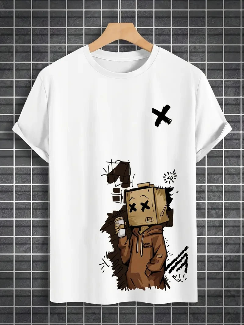 Herren T-Shirt aus 100% Baumwolle, modisch, leger, sportlich, locker, mit trendigem Puppen-Graffiti-Print und Rundhalsausschnitt, Kurzarm