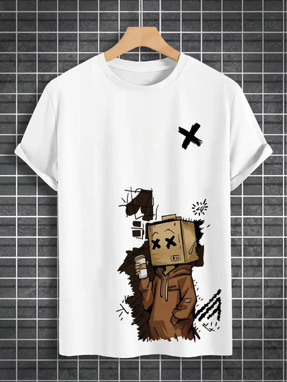 Herren T-Shirt aus 100% Baumwolle, modisch, leger, sportlich, locker, mit trendigem Puppen-Graffiti-Print und Rundhalsausschnitt, Kurzarm