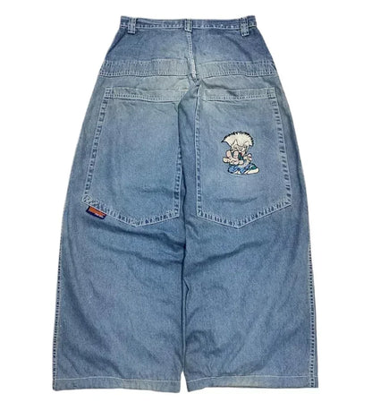 Street Fashion Trend Totenkopf bestickte Jeans Damen Harajuku Y2K Neue Hip Hop Joker Straight Wide-Leg Hosen Paar Freizeitjeans