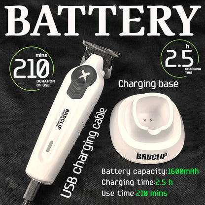 Broclip hair trimmer with charging base, USB cable, and battery information on a black background.