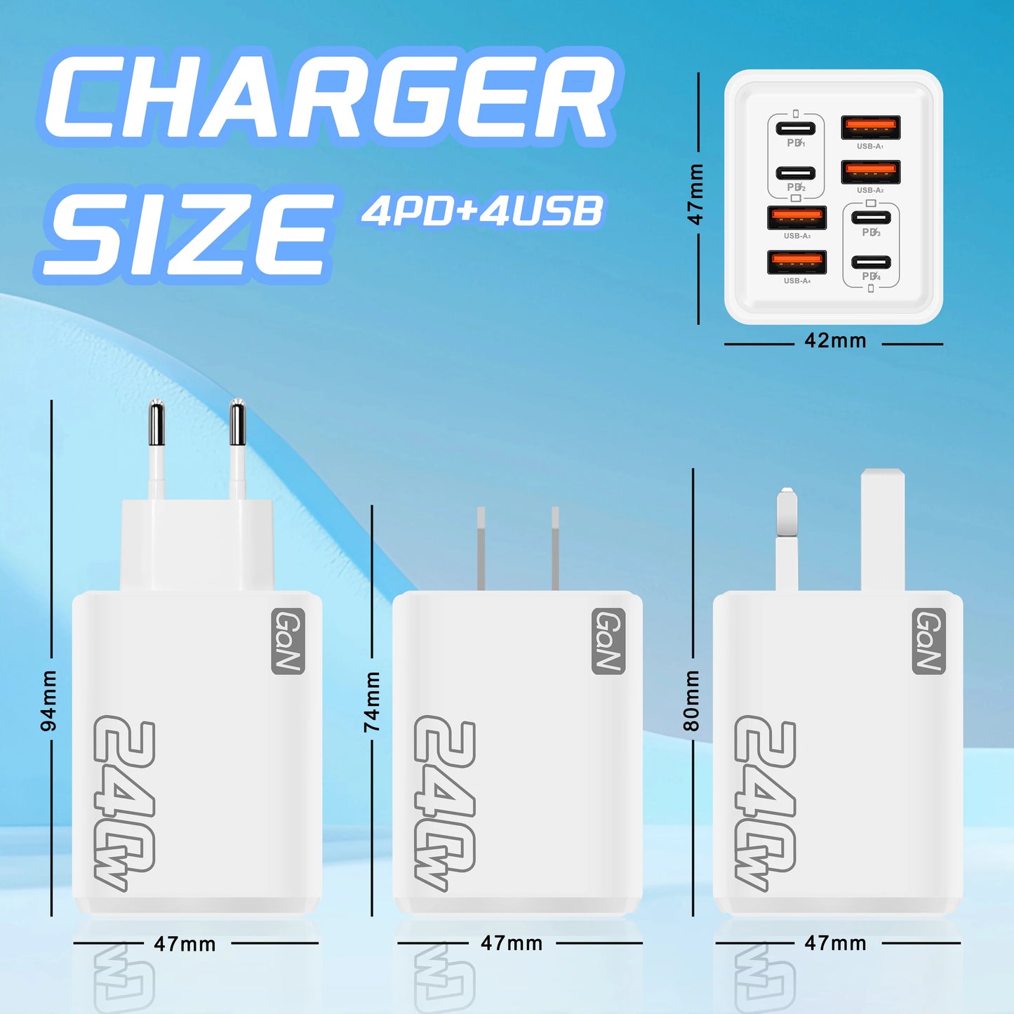 Charger size comparison with dimensions labeled on a blue background