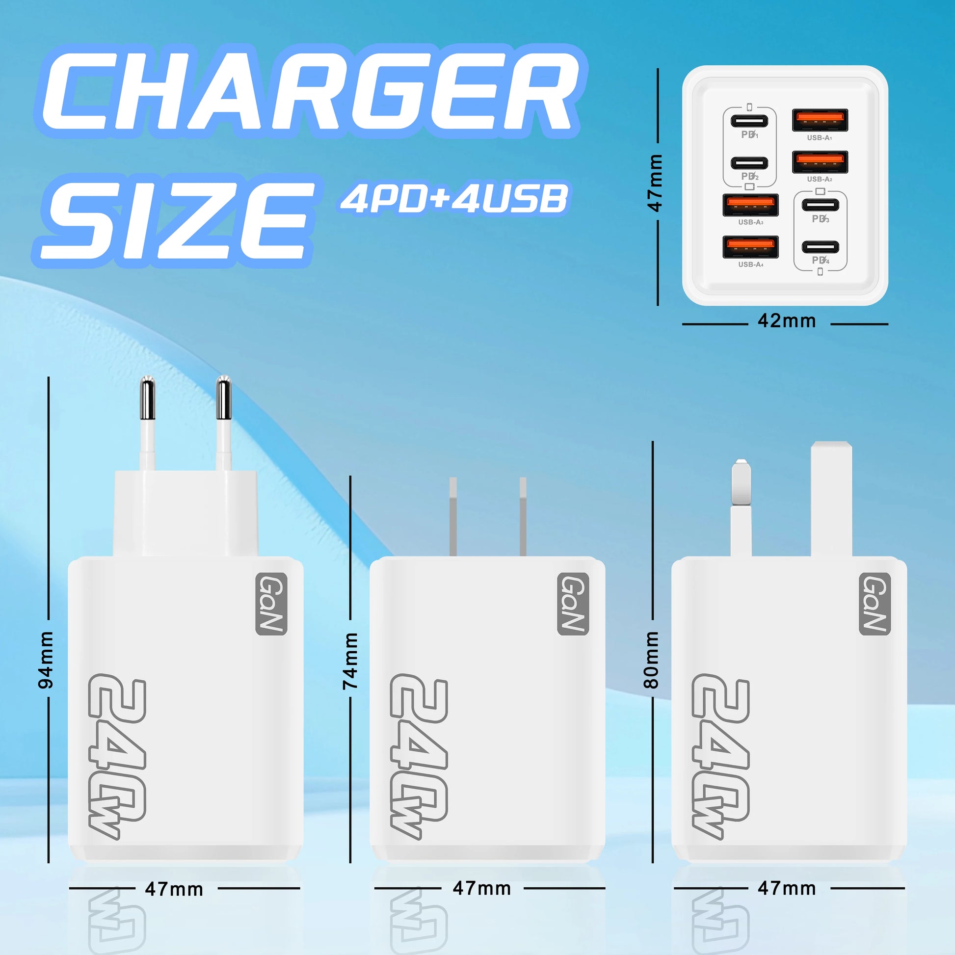 Charger size comparison with dimensions labeled on a blue background
