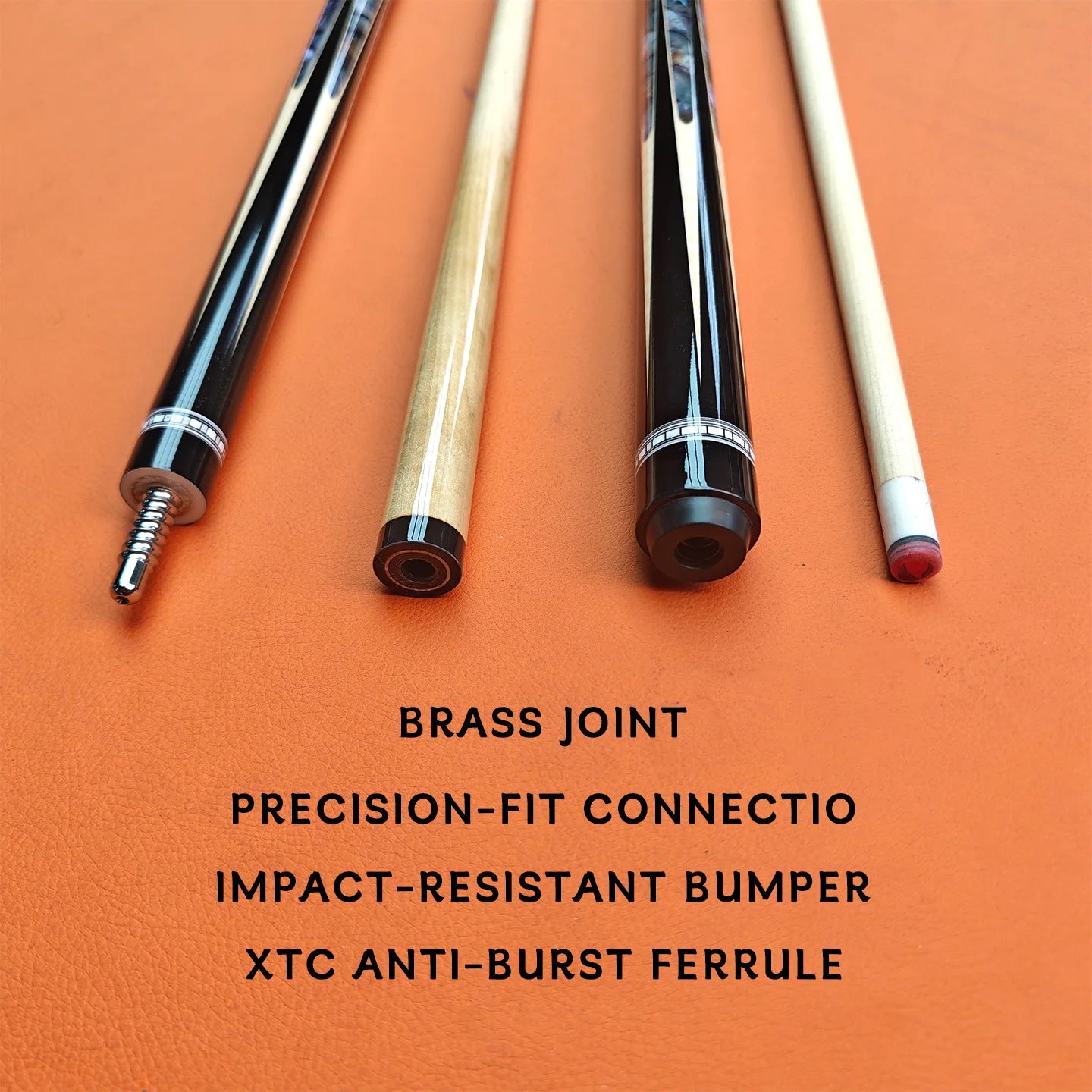 Four pool cues on an orange background with text detailing features.
