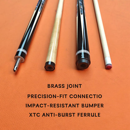 Four pool cues on an orange background with text detailing features.