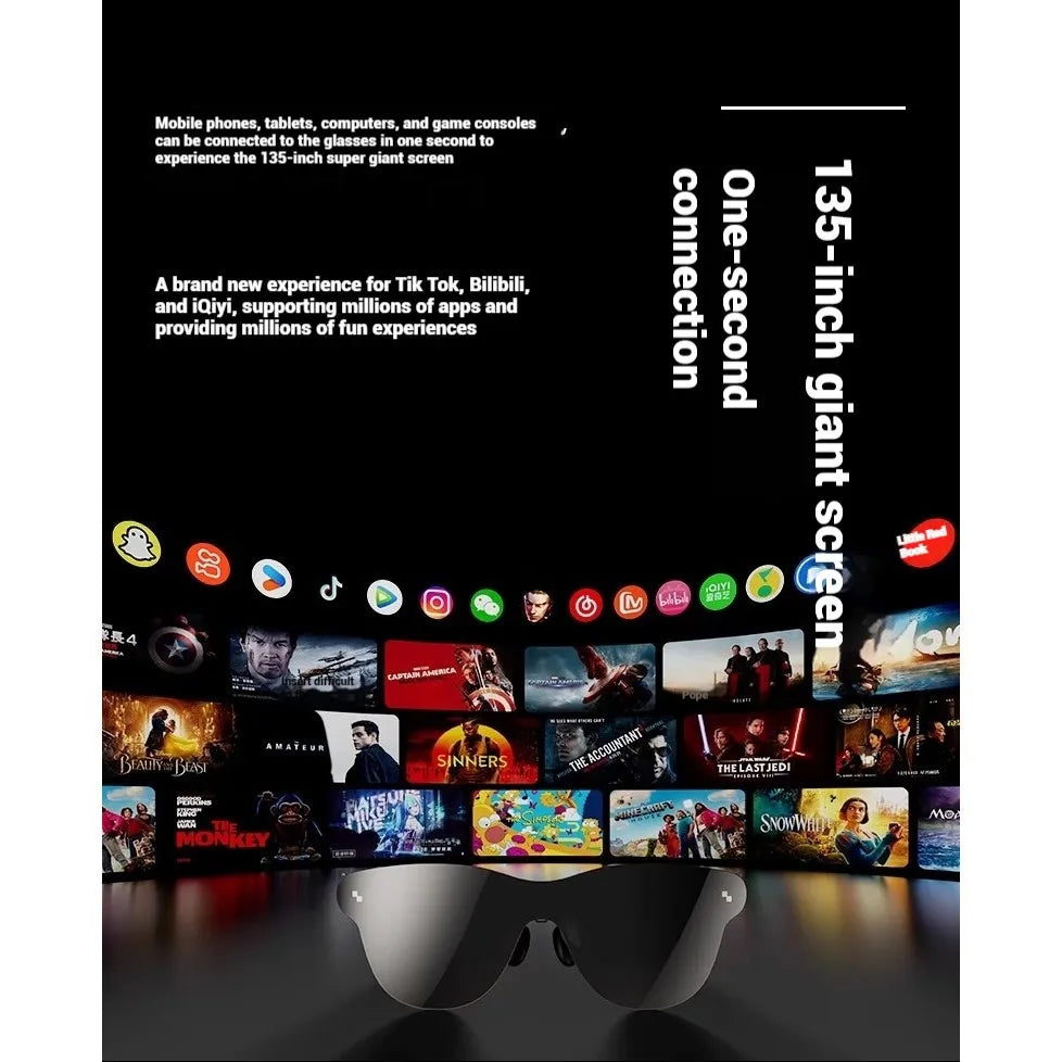 Glasses with a screen displaying various app icons and movie posters, set against a black background with text about screen size and connectivity.