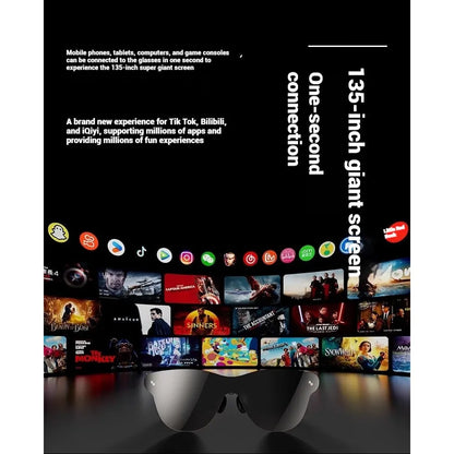 Glasses with a screen displaying various app icons and movie posters, set against a black background with text about screen size and connectivity.
