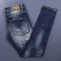 Scratch-Painted Slim Fit Stretch Men's Blue Jeans