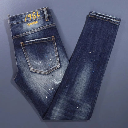 Scratch-Painted Slim Fit Stretch Men's Blue Jeans