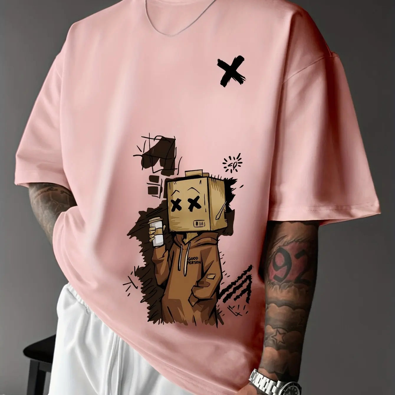 Herren T-Shirt aus 100% Baumwolle, modisch, leger, sportlich, locker, mit trendigem Puppen-Graffiti-Print und Rundhalsausschnitt, Kurzarm
