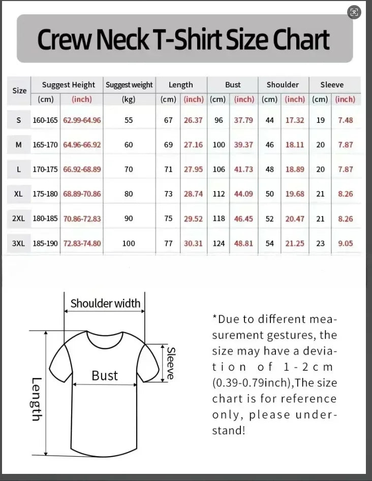 Crew neck t-shirt size chart with measurements and a diagram of a t-shirt.