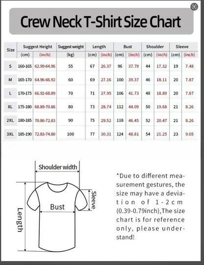 Crew neck t-shirt size chart with measurements and a diagram of a t-shirt.