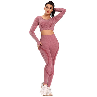 2pc Women's Yoga Suit Set Sports Long Sleeved Clothing Top Seamless High Waist Tight Fitting Breathable Pants Fitness Sportswear
