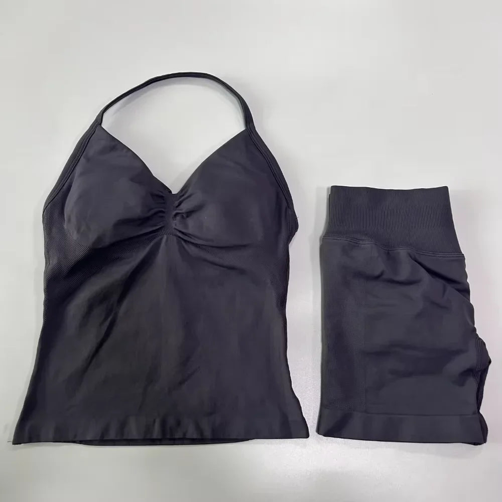 2Pcs Impacts Gym Set Tank Tops High Waist Scrunch Seamless Shorts Gym Suit Fitness Clothes Activewear Workout