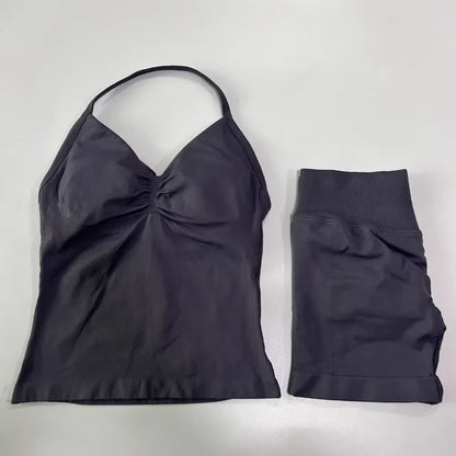 2Pcs Impacts Gym Set Tank Tops High Waist Scrunch Seamless Shorts Gym Suit Fitness Clothes Activewear Workout