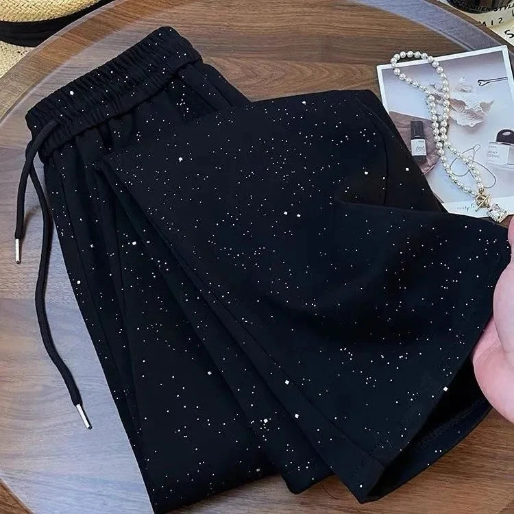 Shiny Ice Silk Wide Leg Pants Women Summer New High Waist Straight Casual Sports Long Trousers Children's Matching Pants