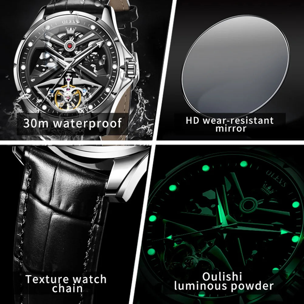 Collage of a watch with features highlighted, including waterproof rating, wear-resistant mirror, texture watch chain, and Oulishi luminous powder.