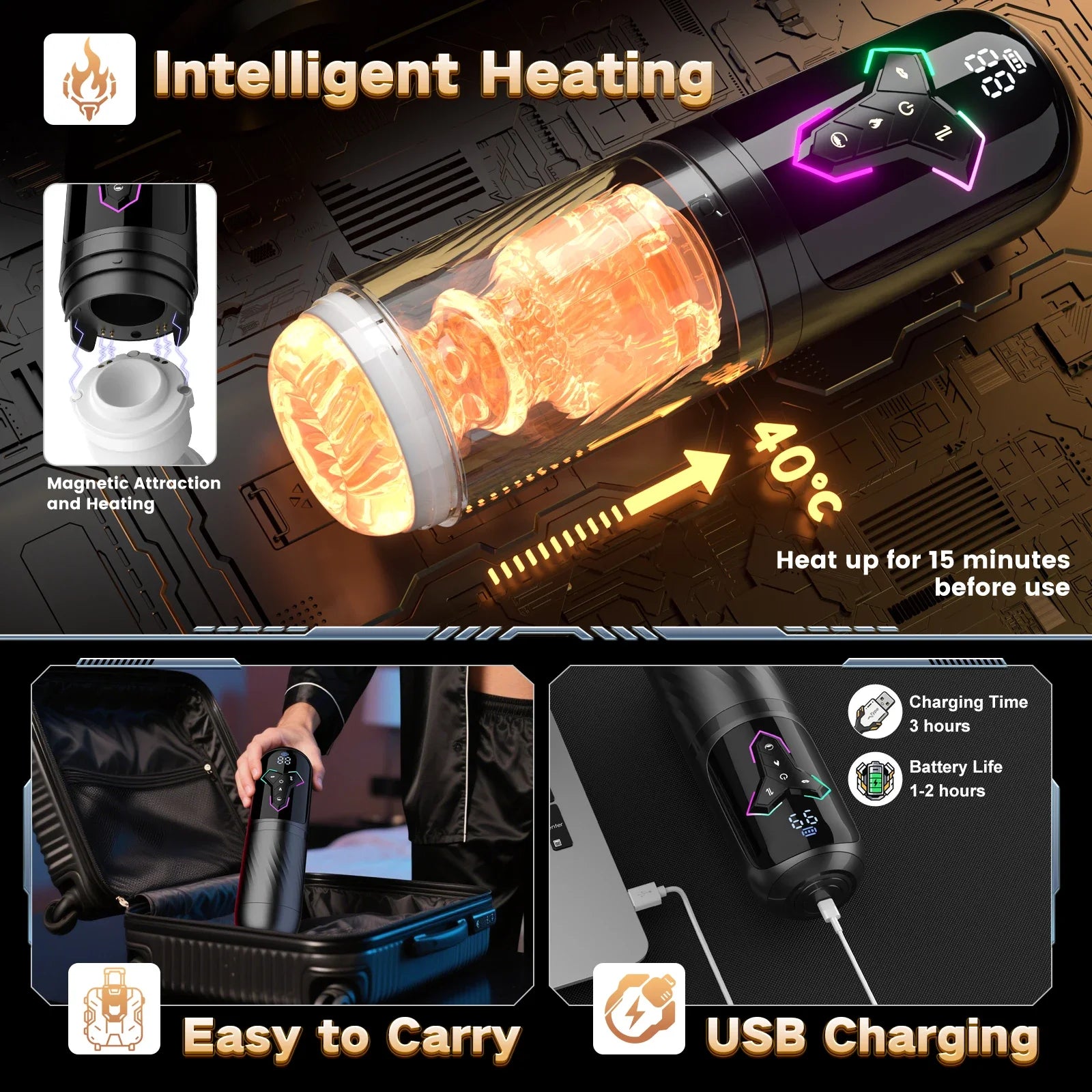 Intelligent heating device with USB charging feature, showing heating process and usage scenarios.