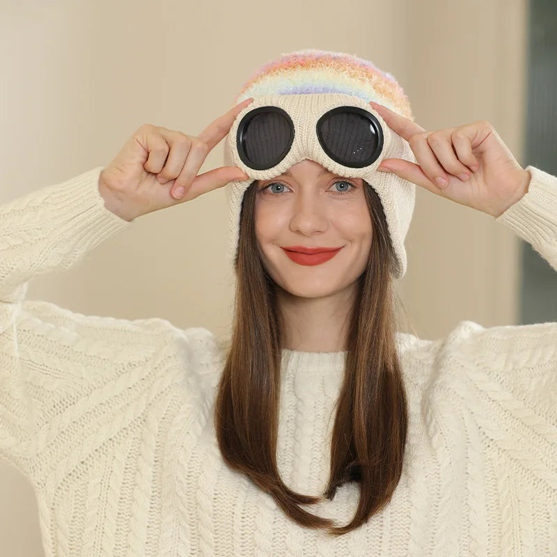 Pilot Goggles with Fleece Knit Hat for Autumn and Winter Cold Weather Protection, Warm Woolen Hat for Men and Women, Versatile T