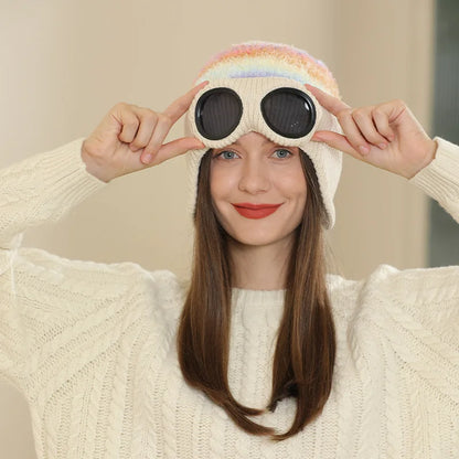 Pilot Goggles with Fleece Knit Hat for Autumn and Winter Cold Weather Protection, Warm Woolen Hat for Men and Women, Versatile T