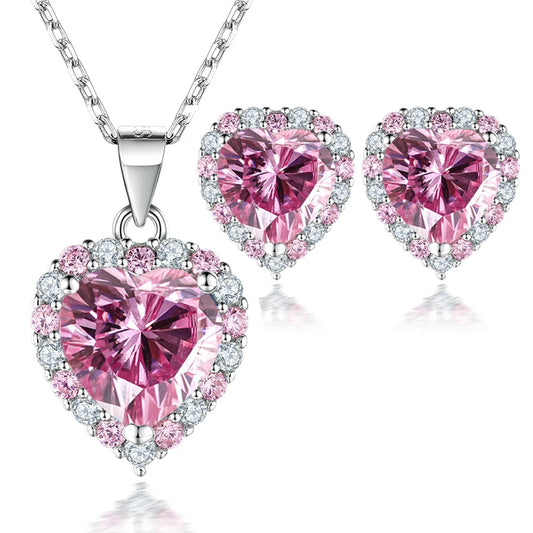 FIRERING Pink Heart Moissanite Necklace Earring Set 2ct with Certificate Passed Diamond Test Women Jewelry Gift S925 Silver