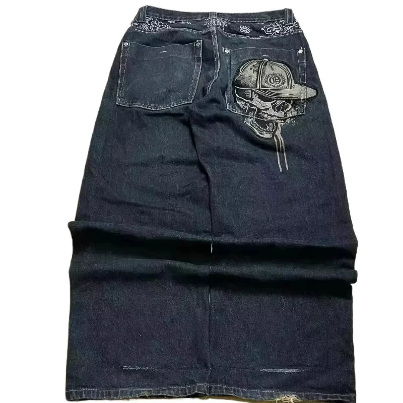 Street Fashion Trend Totenkopf bestickte Jeans Damen Harajuku Y2K Neue Hip Hop Joker Straight Wide-Leg Hosen Paar Freizeitjeans