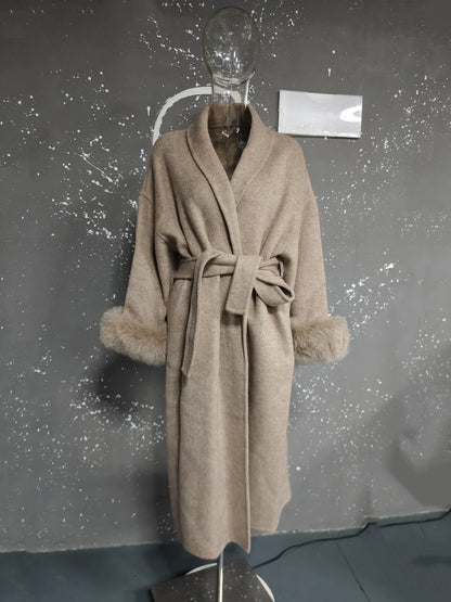 UCXQ Eleganter OL Business-Mantel Pelz-Patchwork Langarm Wollmantel Schöne Damenbekleidung Jacke Herbst 2025 Winter