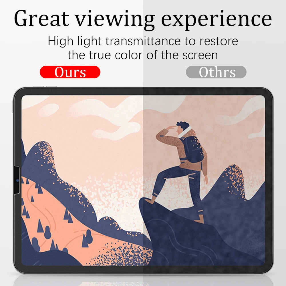Tablet screen displaying an illustration of a person on a mountain with text about viewing experience.