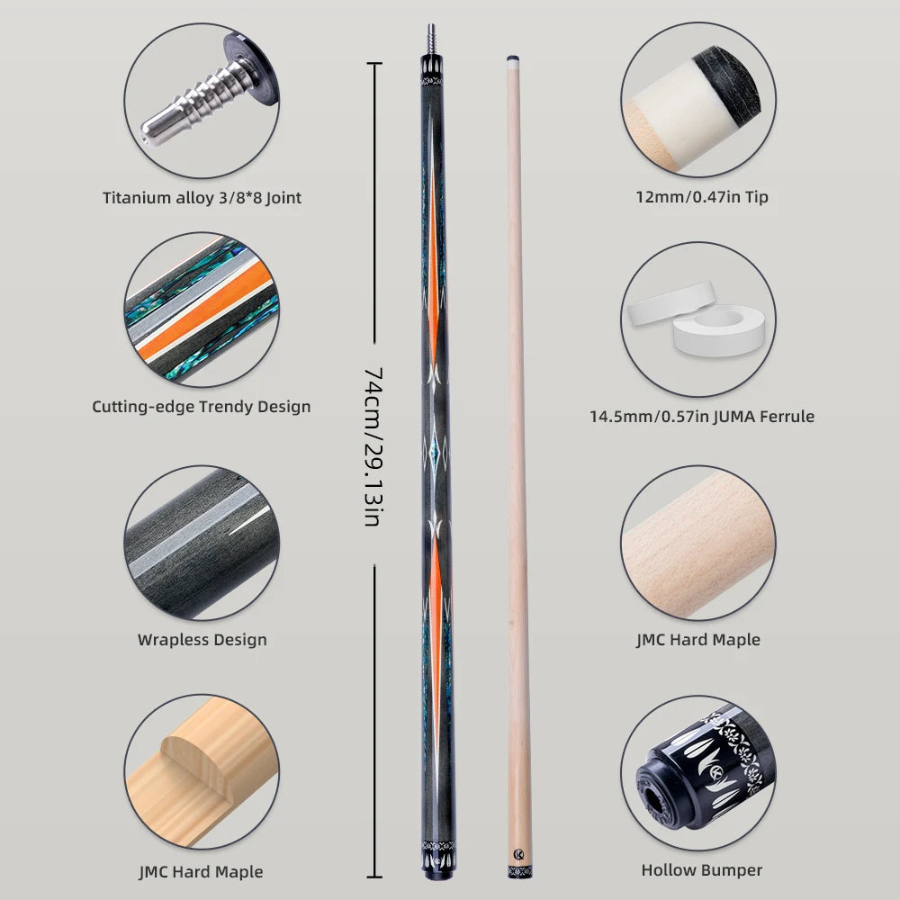 Pool cue with detailed specifications on a gray background
