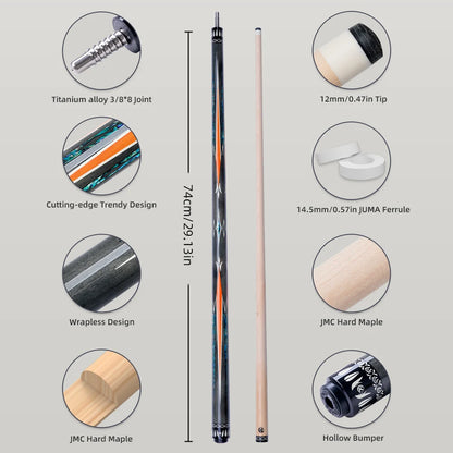Pool cue with detailed specifications on a gray background