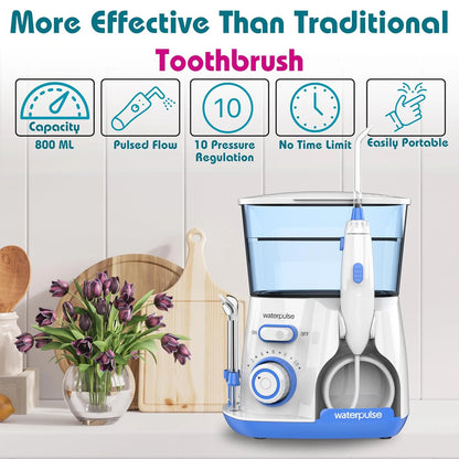 Water flosser with features listed above it on a kitchen counter.