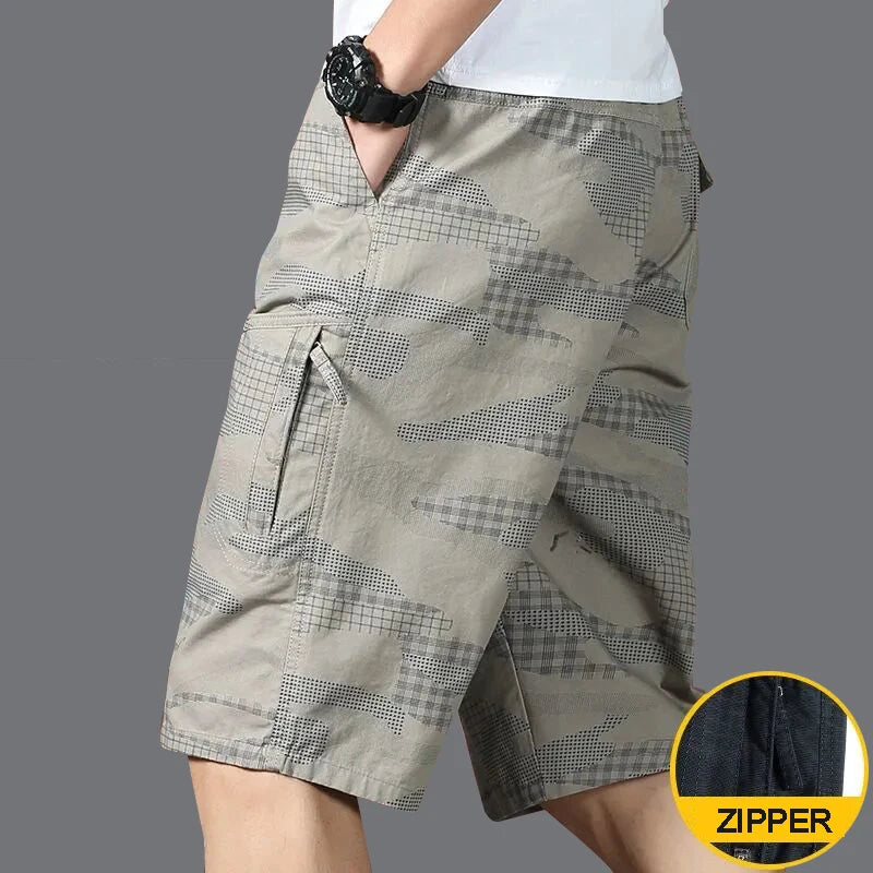 Herren knielange Freizeitshorts mit Reißverschlusstasche, modisch, locker, gerade, Baumwolle, bequem, Strand, Laufshorts
