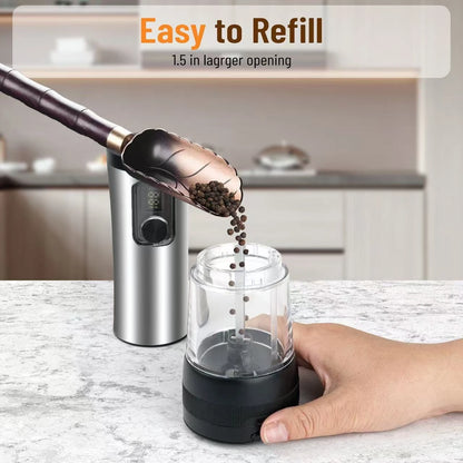 Electric Automatic Pepper Salt Grinder Set with Rechargeable Base LED Electricity Indicator Adjustable Coarseness for Kitchen