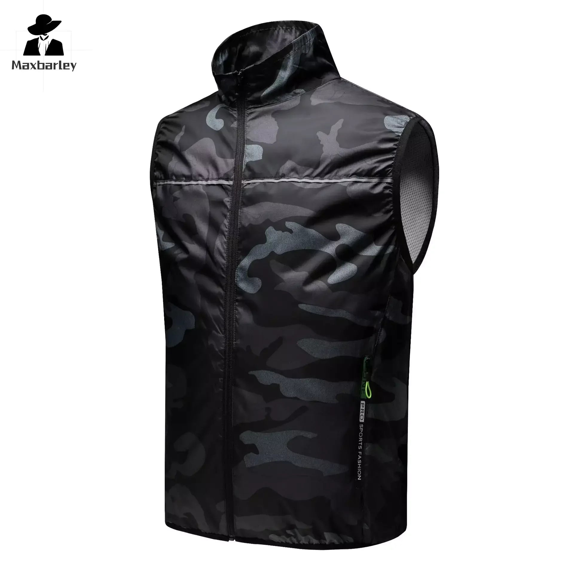 Black camouflage vest with Maxbarley logo on a white background