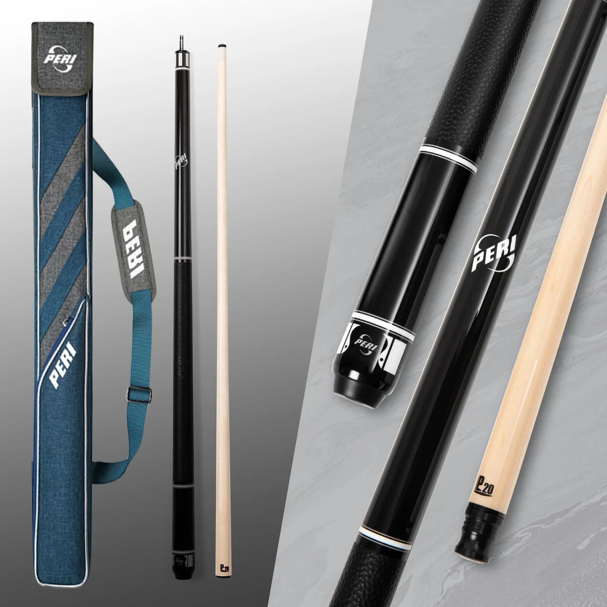 Pool cue and case with PERI branding on a gray background