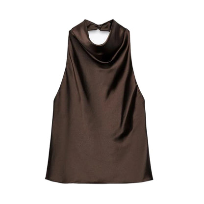 DAMEN 2025 Neckholder-Tops für Frauen Schwarzes Satin-Rückenfreies Top Damen Rosa Sommer Strandtop Damen schulterfreies Camisole-Top Frauen