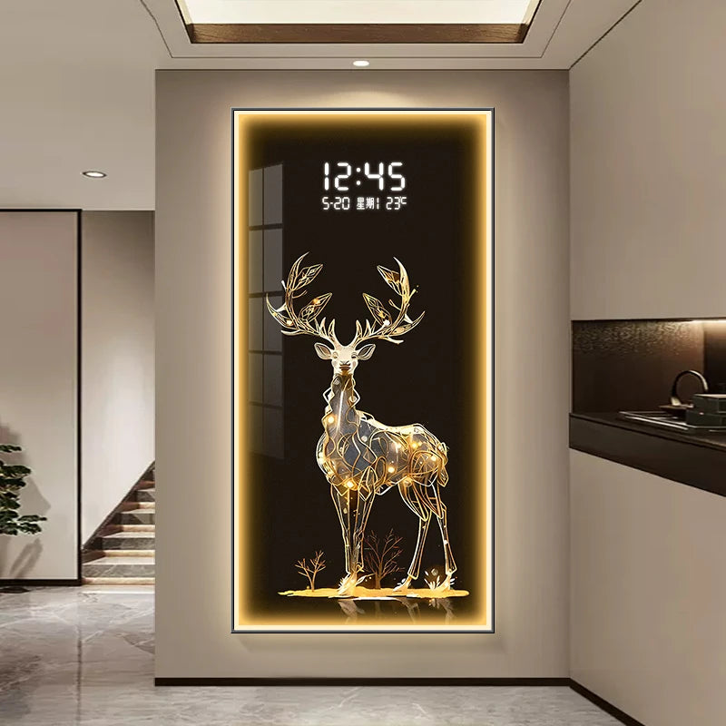 Decorative wall art with a deer design and digital clock in a modern interior setting.