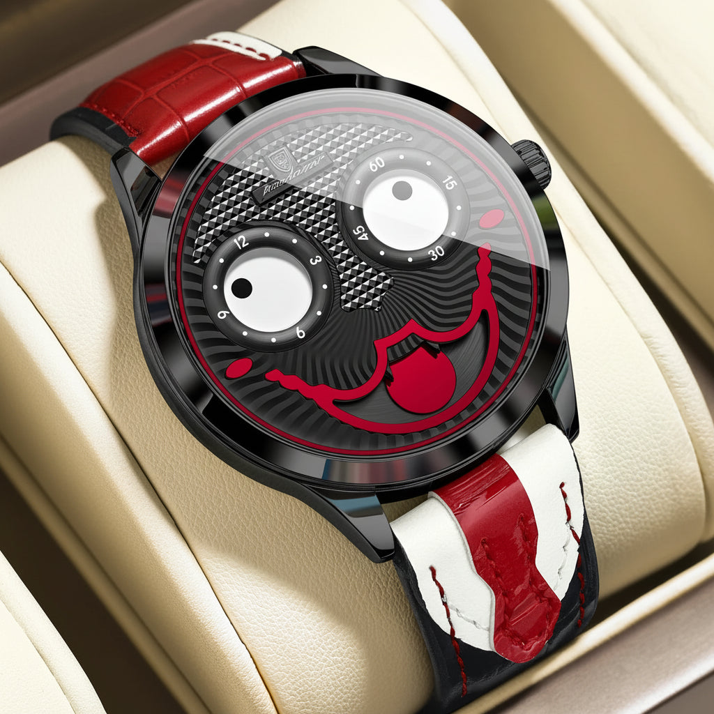 Watch with red and black design on a beige cushion, featuring the brand 'POEDAGAR'.
