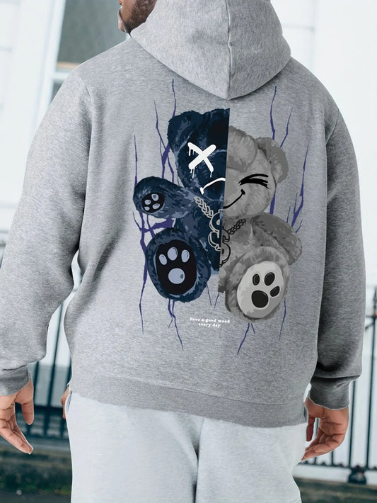 Fashionable men's autumn personalized teddy bear print comfortable hooded sweatshirt outdoor city high street clothing