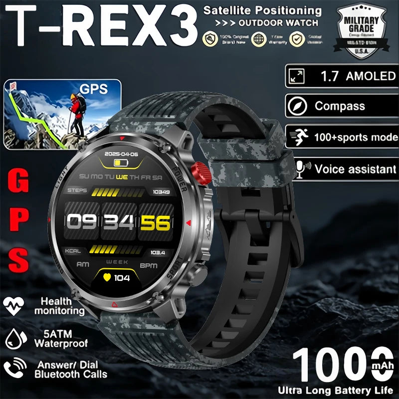 2026 New Military Outdoor Smart Watch Men GPS Compass Altimeter 5ATM Waterproof 1100mAh Battery Bluetooth Call Tactical Sports