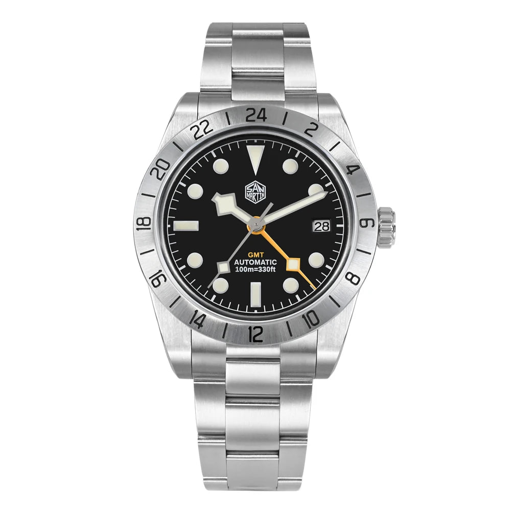 Silver watch with black dial on a white background