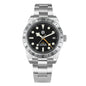 Silver watch with black dial on a white background