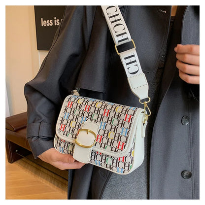 Winter Hot Sale Contrasting Color Letter Inkjet  Square Bag Luxury Trendy Single Shoulder Width Webbing Crossbody Women's Bag